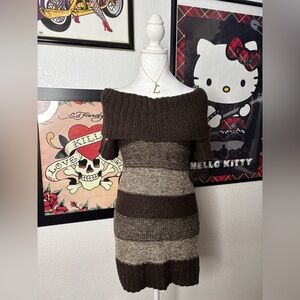 Brown & Cream Striped Knit Sweater Dress